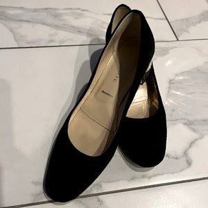 RON WHITE suede round toe gold mirror heel black shoes